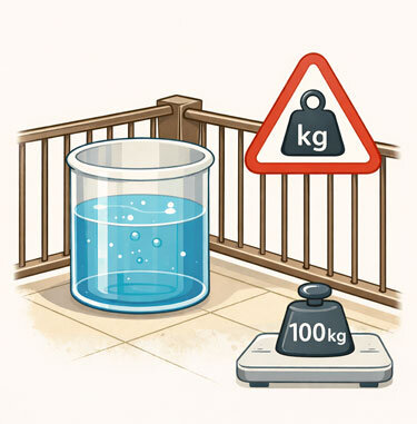 Gráfico: depósito de agua en el balcón con señal de aviso y pesa de 100 kg como aviso sobre la carga