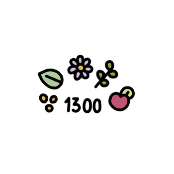 Hoja, flor, hierba, fruto y semillas con el número 1300 como símbolo de la amplia selección