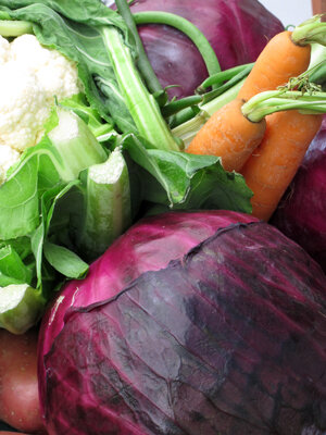 Verduras recién cosechadas: lombarda, coliflor, zanahorias y judías verdes