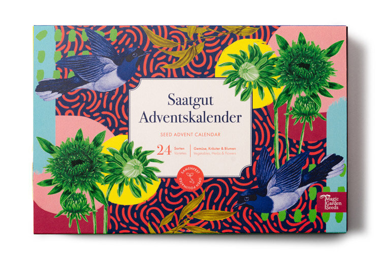 Calendario de Adviento de semillas «Hortalizas, hierbas aromáticas y flores» con 24 variedades en caja ilustrada