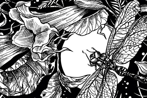 Ilustración de una polilla entre flores nocturnas