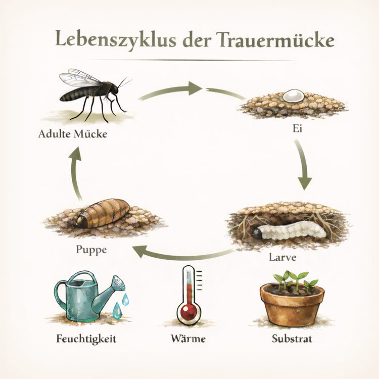 Gráfico: ciclo de vida de la mosca del sustrato de huevo, larva y pupa a adulto, favorecido por humedad y calor