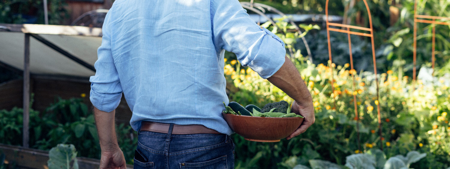 Hortelano lleva un cuenco con verduras de hoja recién cosechadas por el huerto