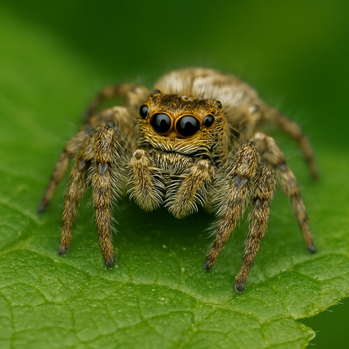 Araña saltarina (Salticidae) con grandes ojos frontales sobre una hoja verde