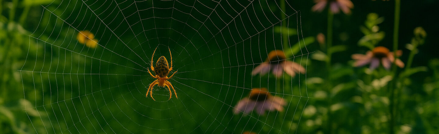 Araña en su tela, con flores silvestres al fondo
