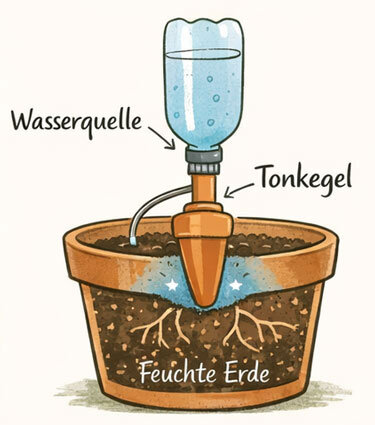 Ilustración: cono de arcilla en una maceta, unido a una botella de agua, mantiene la tierra húmeda