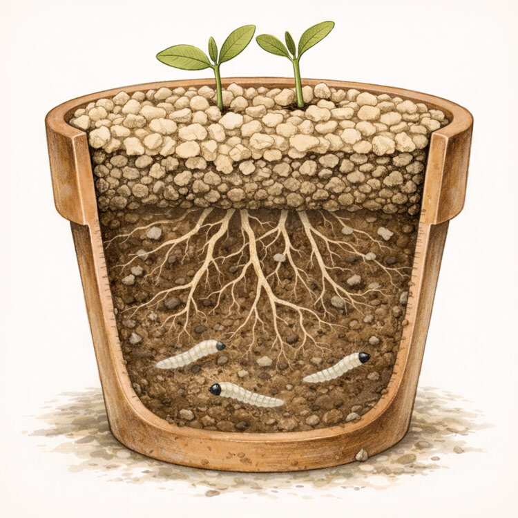 Ilustración: corte de una maceta con larvas de mosquitos del sustrato y capa mineral seca encima